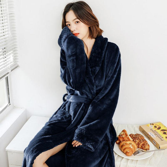 Night Gown Women Autumn and Winter Long Coral Fleece Plus Velvet Thick Bathrobe Flannel Men's Pajamas Winter Home Service