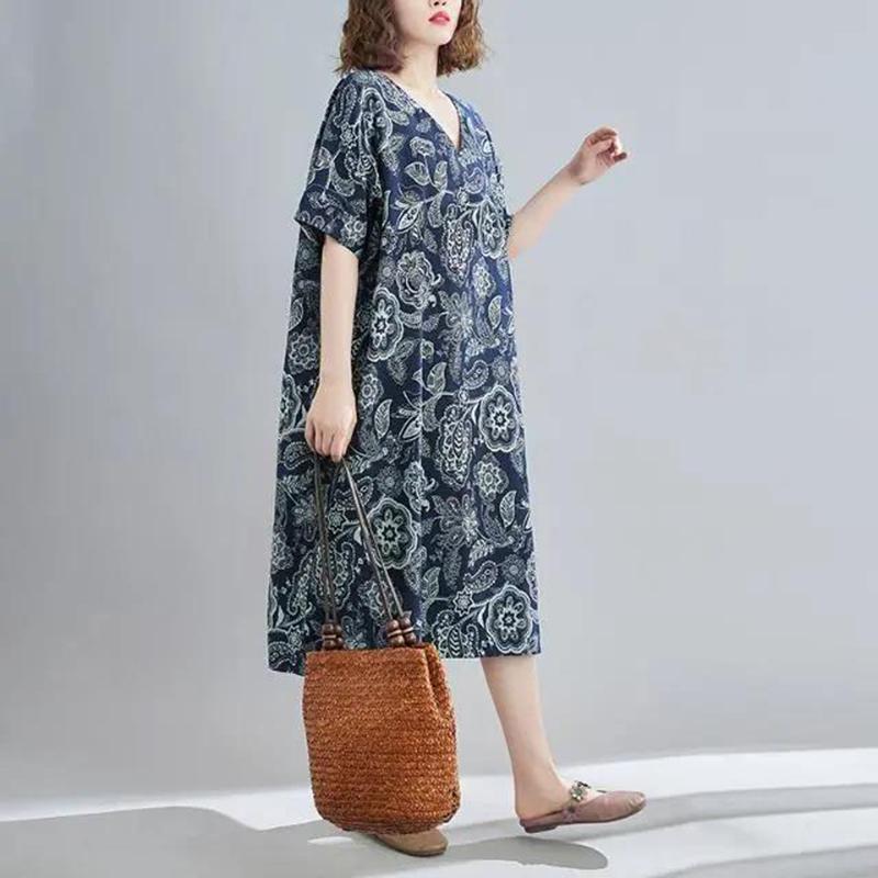WTEMPO Plus Size Women Dress Summer V-neck Solid Color Long Dress Casual Mid-calf Length Print Dress