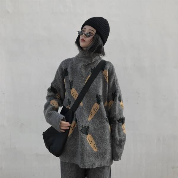 Pofulove Korean Turtleneck Color-matching Sweater Female Loose Pattern Wild Sweater Autumn Winter
