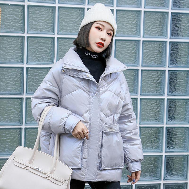 Women's Shiny Mid-length Down Jacket Winter Korean Style Loose Coat Warm Stand-collar Down Jacket