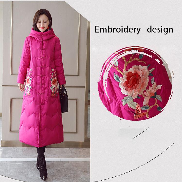 Chinese Style Cotton-padded Jacket Women's Winter Long Section Thick Ethnic Style Down Padded Jacket Over The Knee Padded Jacket Stand-up Collar Hood