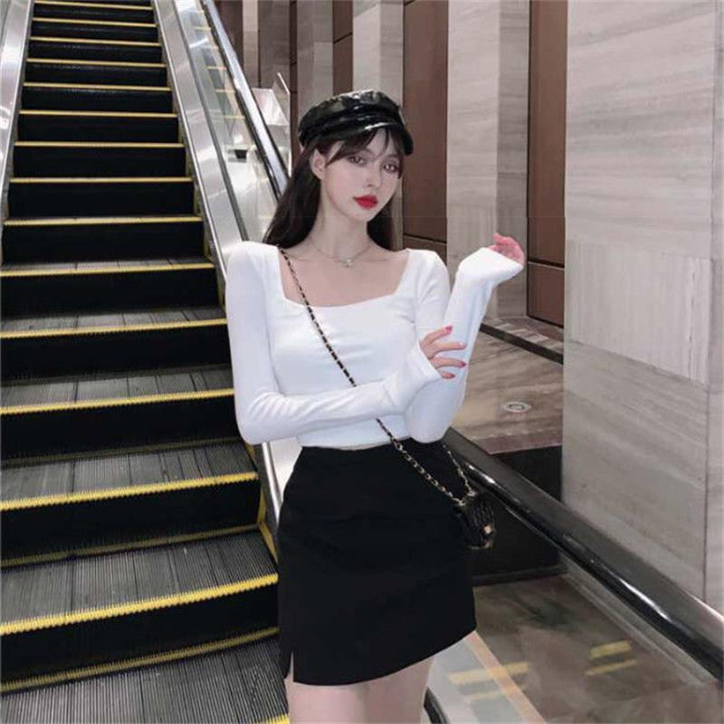 Fall Women Casual Square collar Women Autumn Long sleeve T-Shirt Women Basic Tee Pullover