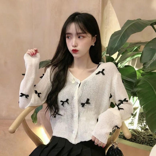 Women's Thin Coat Summer Bow Sunscreen Cardigan White Loose Coat Long-sleeved Knitted Sweater Women V Neck Button Hollow Out Tops Cute Blouse Sweater