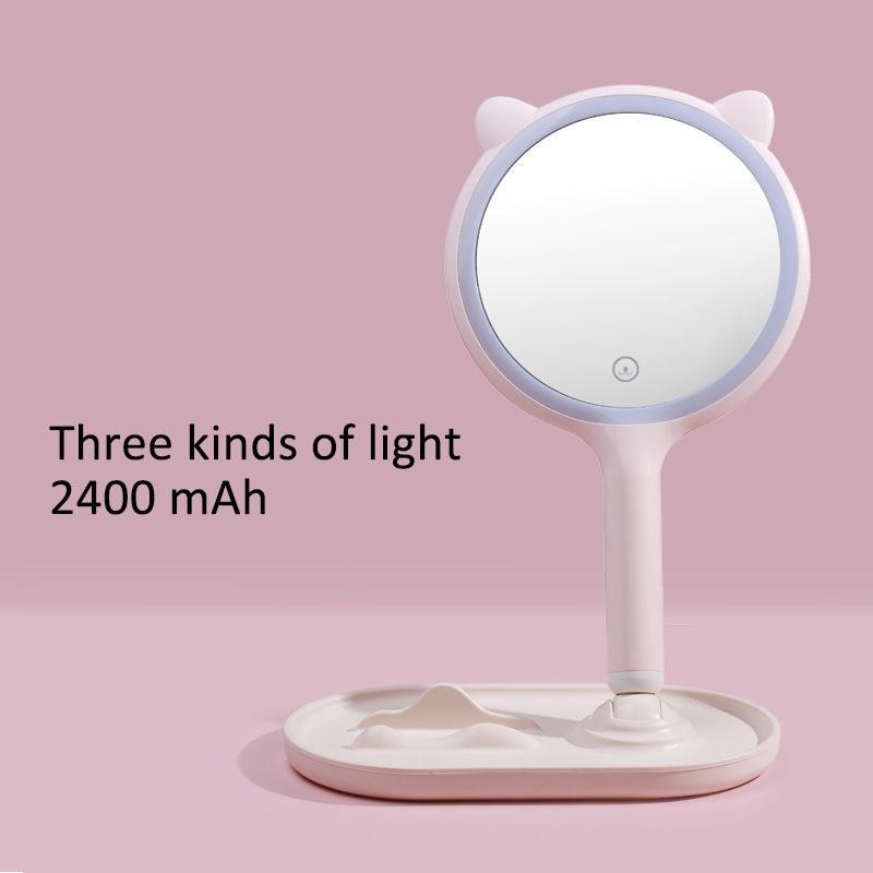 Cat Ears 3 Levels Ligthing LED Makeup Mirror Portable Travel Desktop Mirror Touch Screen USB Charging