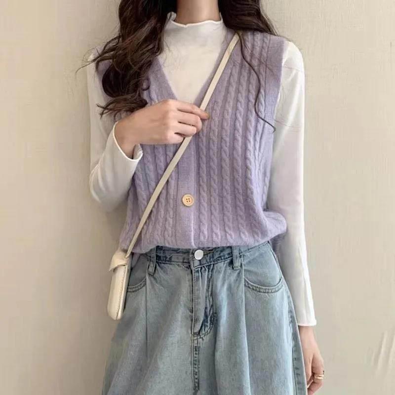 Solid Color V-neck Single-breasted Knitted Cardigan Vest Women's Early Spring and Autumn Winter Style Korean Fan Retro Style Outer Vest Vest