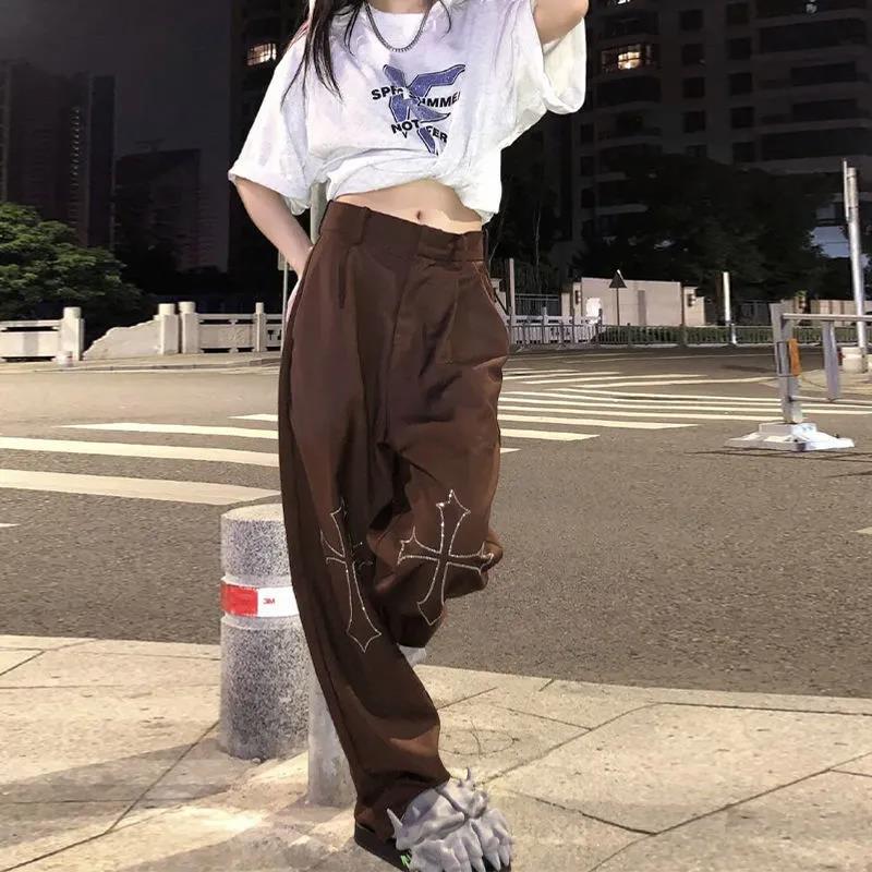 Ins European and American High Street Style Pants Women's Autumn Cross Straight Suit Pants Vibe Style Casual Trousers Tide
