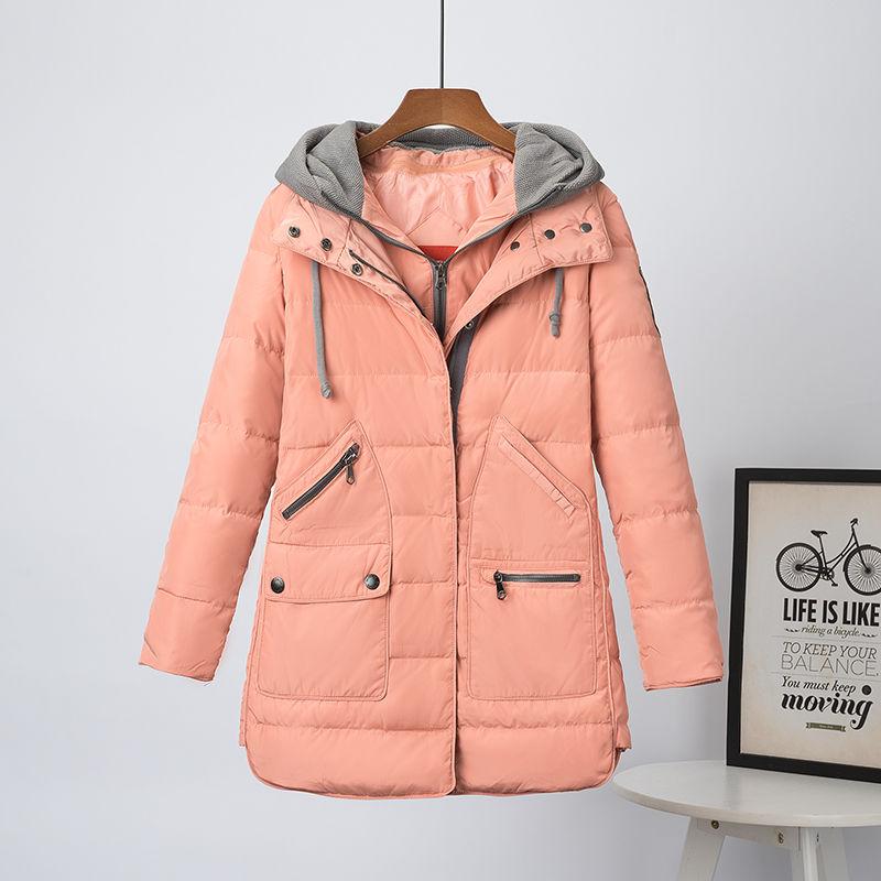 Mid-length White Duck Down Jacket Women Fashion Self-cultivation Knit Hat Fake Two-piece Winter Jacket
