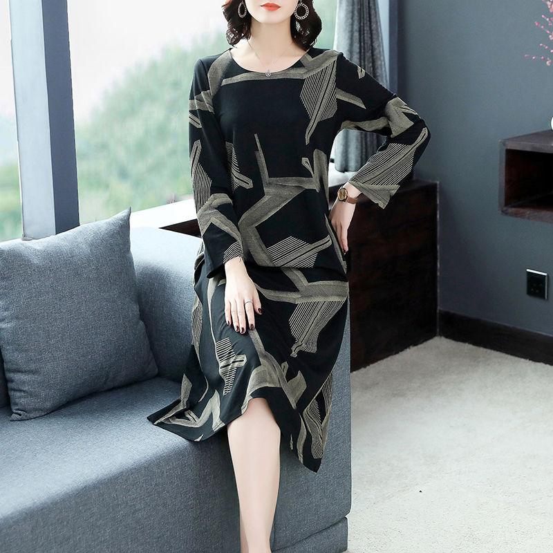 Large Size Long-sleeved Dress Women Spring and Autumn Mid-length Over-the-knee Bottoming Skirt Round Neck Print