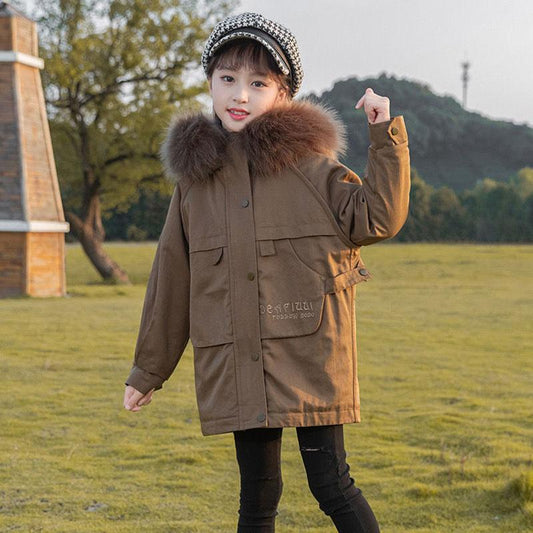 Girls' Winter Wear Faction Overcomes Thick and Fleece Mid-length Large Fur Collar Coat Warm Jacket