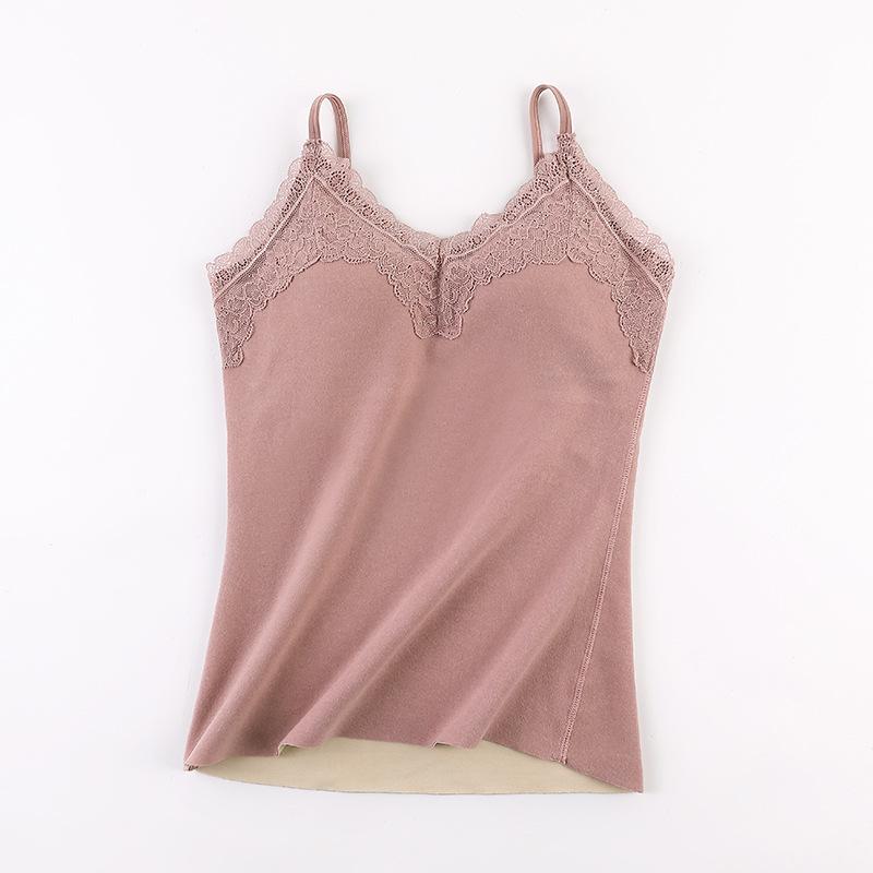 Thermal Underwear Women Velvet Vest Sexy Winter Thermals Sleeveless Body Tops Slim Solid V Neck Lace Inner Wear with Pad Fashion