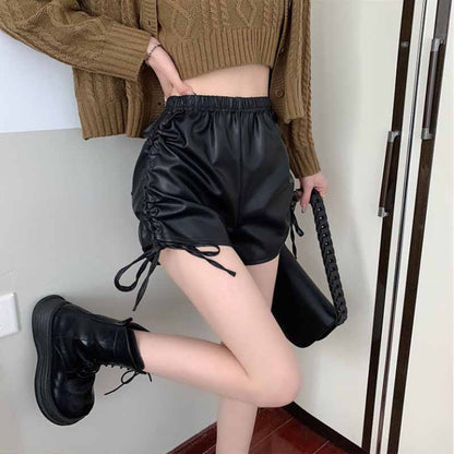 Leather Pants Women's Shorts Autumn and Winter Design Sense Drawstring Pure Desire Wind High Waist Thin A-line Casual Pants