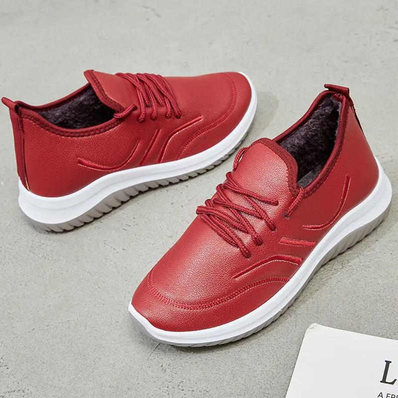 Winter Waterproof Leather Sports Shoes Women Cotton Boots Non-slip Work Shoes Plus Velvet Thick Leather Shoes