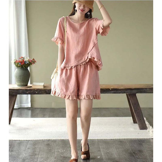 Pure Cotton Short-sleeved Shorts Suit Womens Summer Vintagbe Imitation Cotton and Linen T-shirt Short Sleeves Top Wide-leg Shorts Pants Two-piece Set