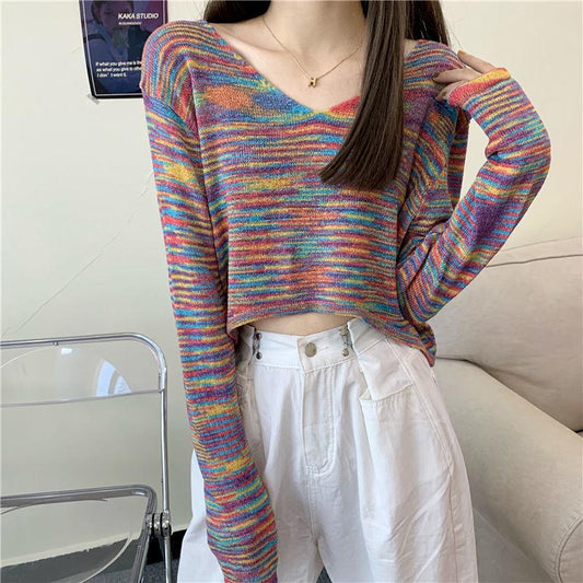 Autumn Rainbow Strip Sweet Sexy V-neck Short Cropped Long-sleeved Sweater Top Women
