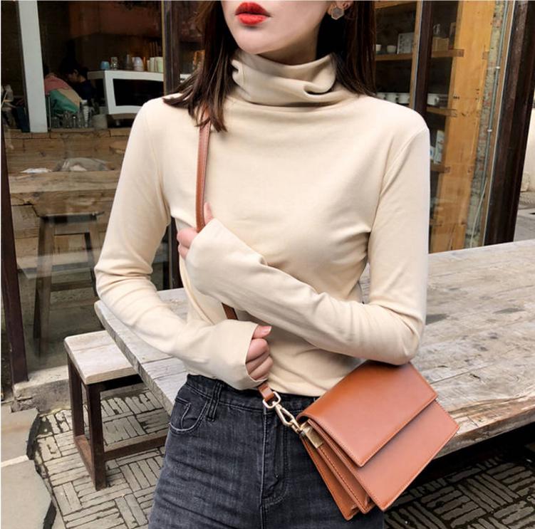 Pofulove Warm Sweater Turtleneck Bottoming Shirt Women Winter Plus Velvet Solid Slim Thicken