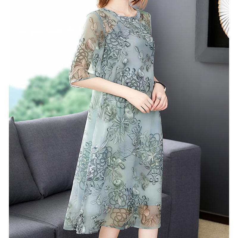 Women's Mid-length Dress Clothing Large Size Loose Chiffon Round Neck Short Sleeve Printing