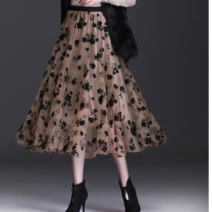 Mesh Floral Skirt Women's Spring/Summer High Waist Mid-Length A-Line Pleated Skirt