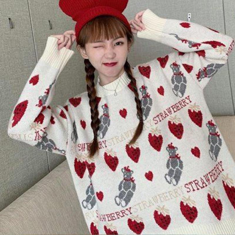 Women Fashion Sweater Casual Knitting Sweater Jacquard Round Neck Pullovers Loose Casual Long Sleeve Sweater Autumn Winter