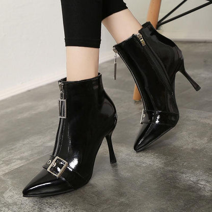 Female Autumn and Winter High Heels PU Upper Metal Decoration Pure Color Stiletto Pointed Toe Boots
