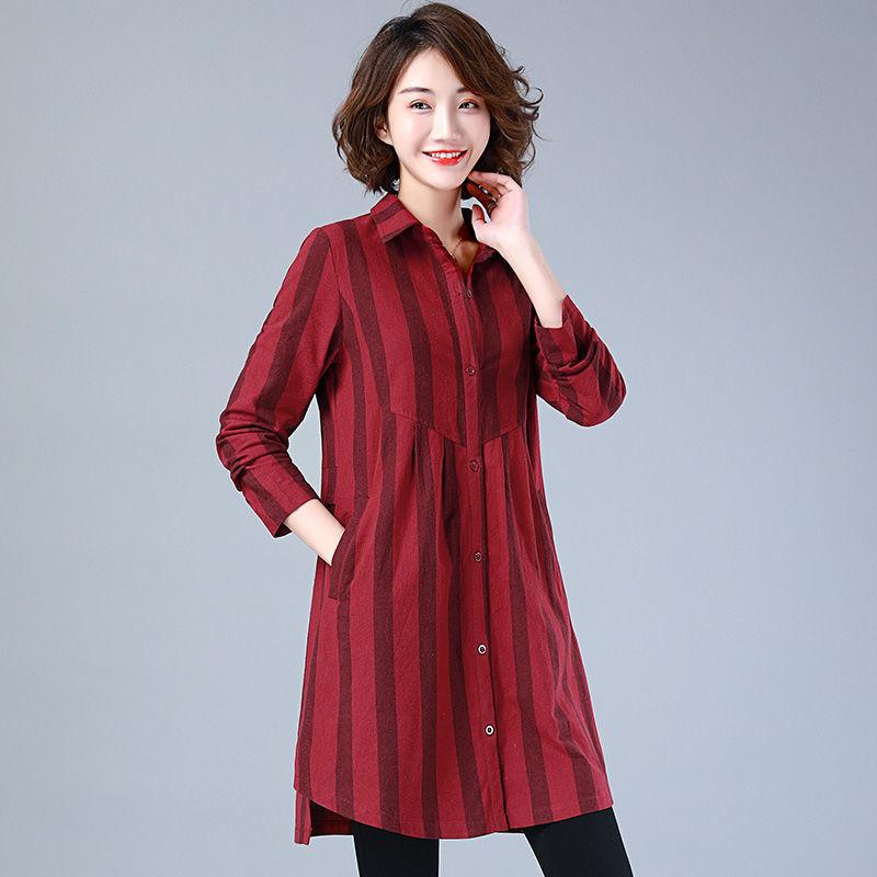Long-sleeved All-match Plus Size Women's Striped Shirt Mid-length Shirt Temperament Top