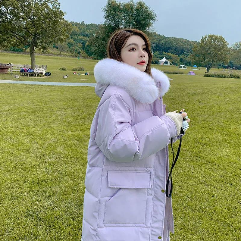 Down Cotton Jacket Women's Thickened Warm Large Wool Collar Large Pocket Long Loose Cotton Jacket