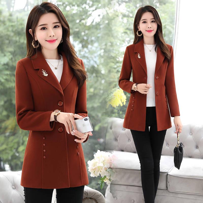 Autumn Winter Elegant Brooch Women Coats Warm Woolen Long Sleeve Slim Outwear Lapel Cardigan Jacket
