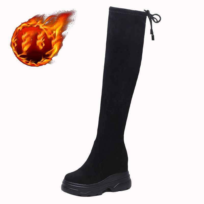 Suede Comfortable Boots Women's Inner Height Increase Over The Knee Boots Women's High-Tube Lace-up Plus Fleece Elastic Boots