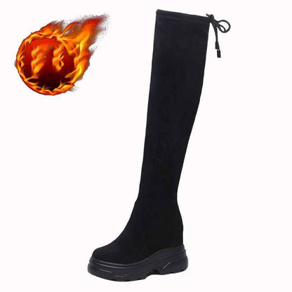 Suede Comfortable Boots Women's Inner Height Increase Over The Knee Boots Women's High-Tube Lace-up Plus Fleece Elastic Boots