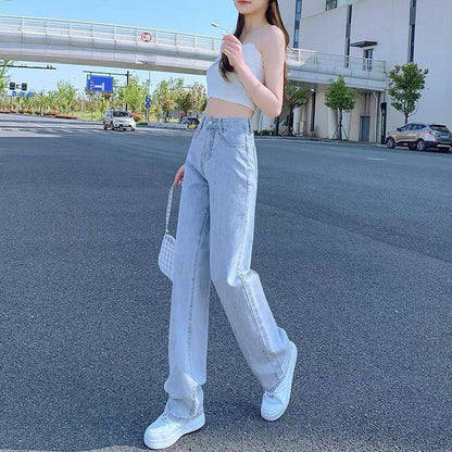 Straight Jeans Girls Summer Thin Section High Waist Slimming Loose Light-colored Wide-leg Pants Student Trousers