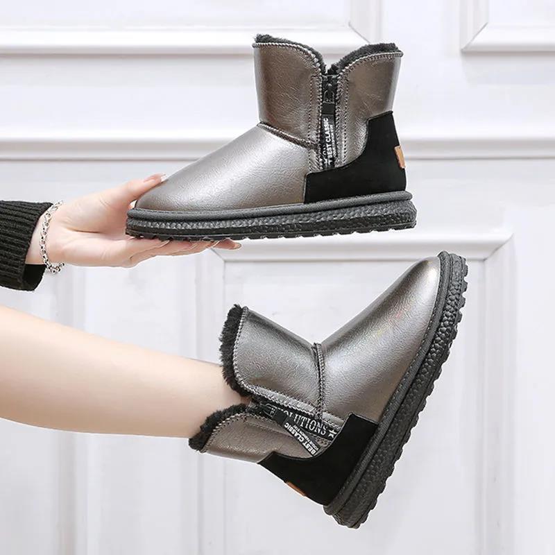 Leather Snow Boots Women Winter Short Tube Shoes Waterproof Non-slip Short Boots Plus Velvet Thick Outdoor Cotton Shoes