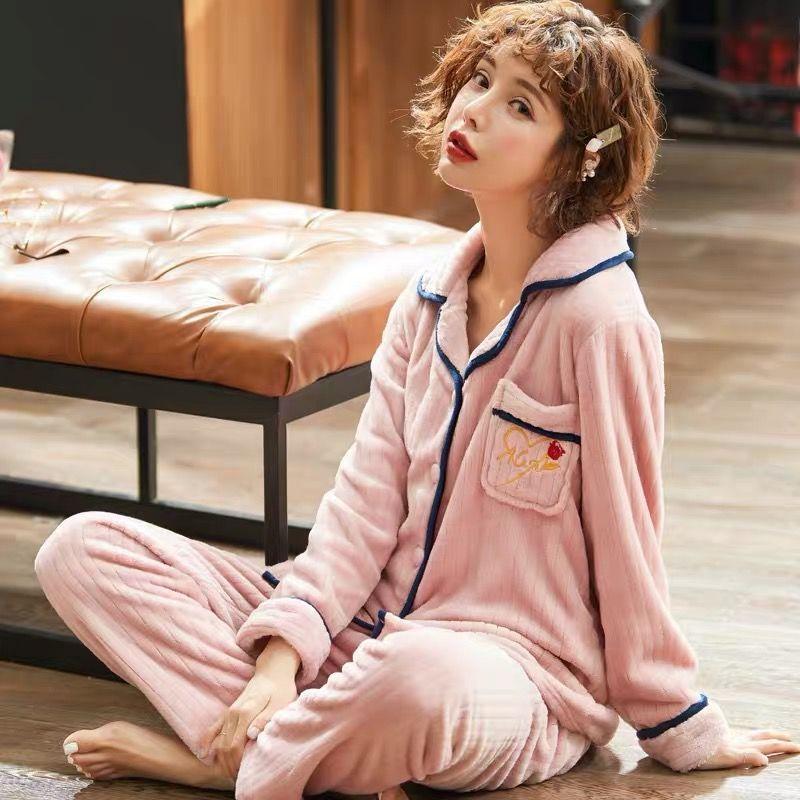 Autumn Winter Coral Fleece Pajamas Suits Women Flannel Thick Velvet Warm Sleepwear Long Sleeve Turn-down Collar Home Wear Striped Casual Nightwear