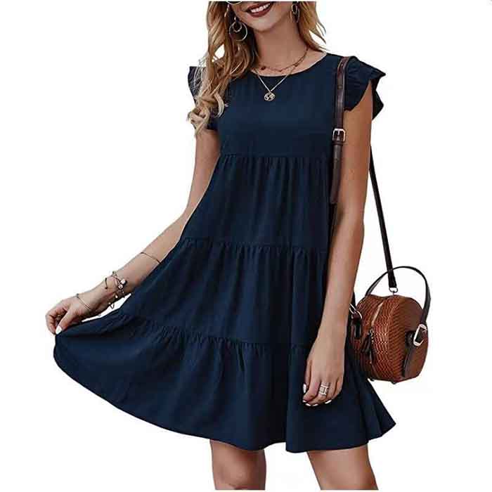 European and American Summer Solid Color Round Neck Short-sleeved Dress Casual Cake Skirt Pleated Swing Skirt