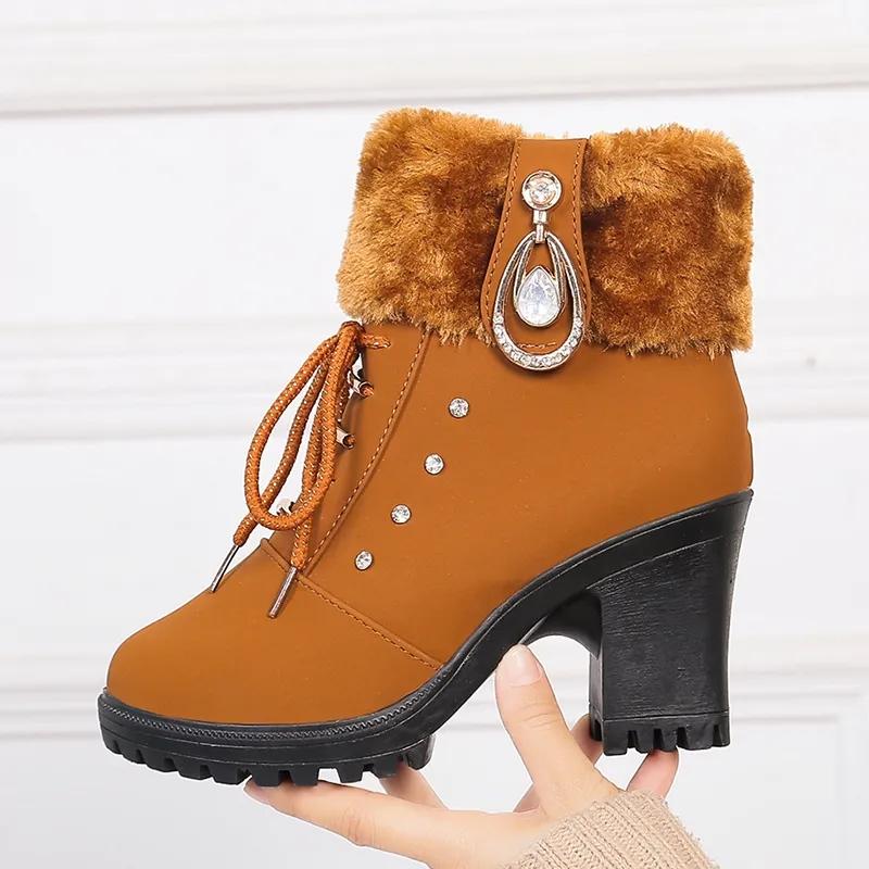 Women's Boots High Heels Winter Shoes Black Brown Fur Boots Plush Warm Snow Boots Ankle Booties Square Heel Boots 35-41