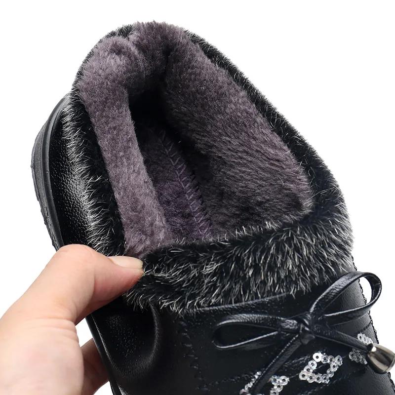 Women's Plush Fleece Warm Leather Cotton Boots Waterproof Non-slip Flat Ankle Boots Winter Shoes