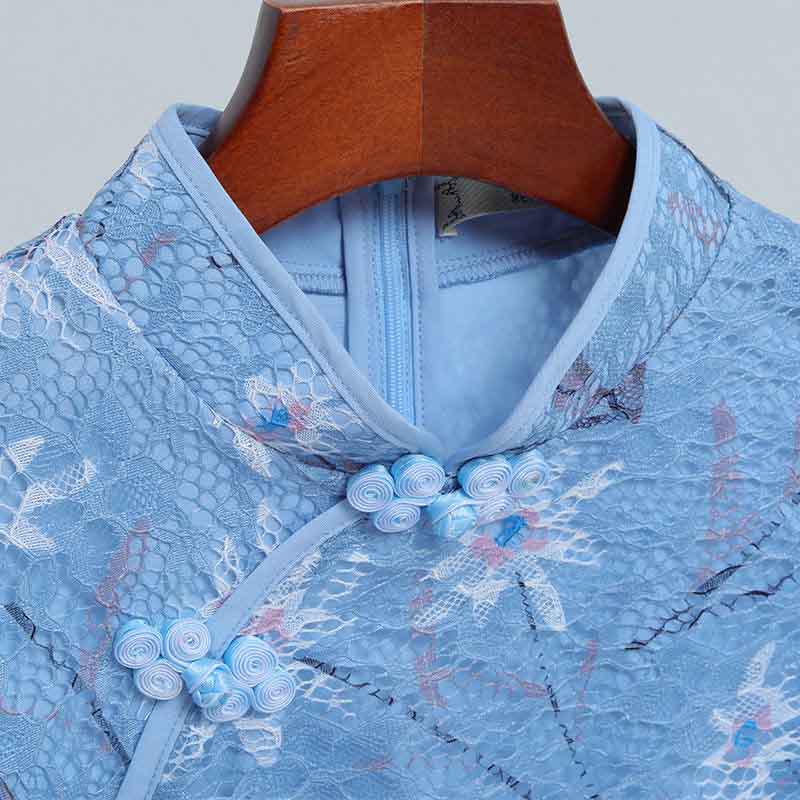 S-2XL Summer Women Slim Cheongsam Lace Floral Dress Mid-sleeved Round Neck Slim Split Dress