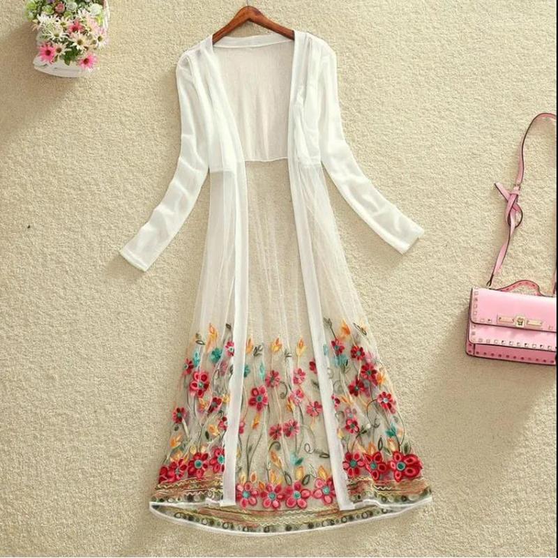 Women's Ethnic Style Loose Outer Chiffon Cardigan Thin Beach Mid-calf Length Long Sleeve Embroidered Cardigan