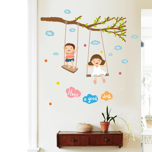 Boy girl swinging bedside porch sofa TV corner background decorative wall sticker happy childhood