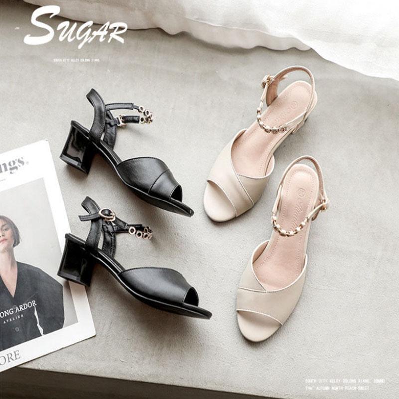 Leather Fish Mouth Sandals Women's Middle Heel Thick Heel Buckle Strap Korean Style Summer Women's Shoes
