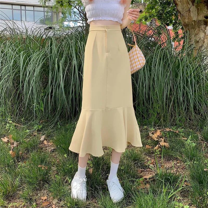 Ruffled Skirt Women's Summer High Waist Slim Mid-length A-line Skirt Solid Color Irregular Edge Fishtail Skirt