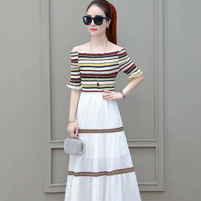 Pofulove S-2XL Women Vintage Off-shoulder A-line Dress Slim Single-neck Mid-length Dress Beach Dress