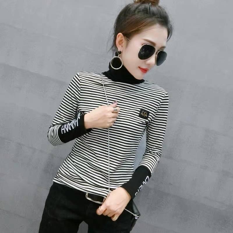 Black and white striped sweater women winter Turtleneck Pullovers long sleeve velvet thicken sweater
