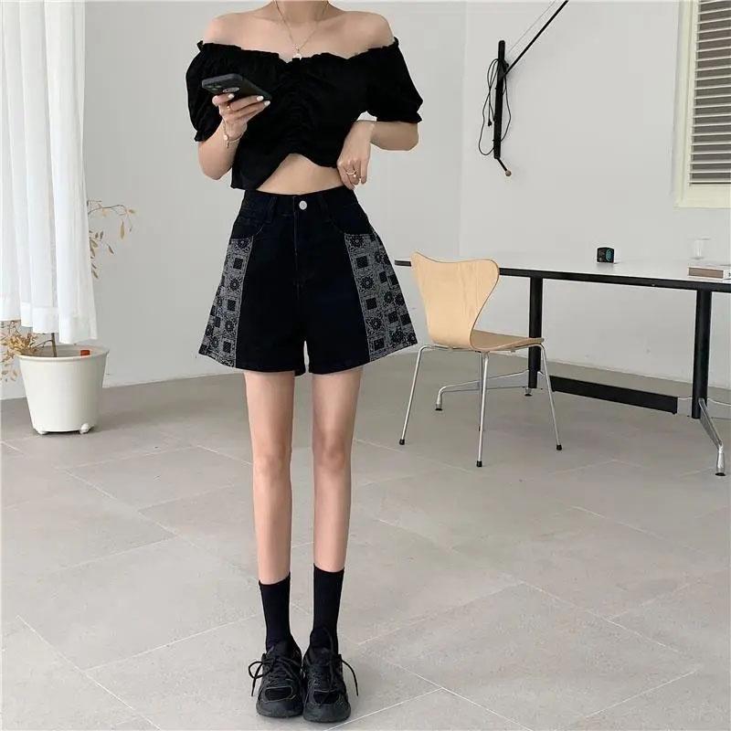 Women's Black Denim Shorts Summer Straight High-waisted Wide-leg Pants Plus Size Fat Girls Thin A-line Shorts