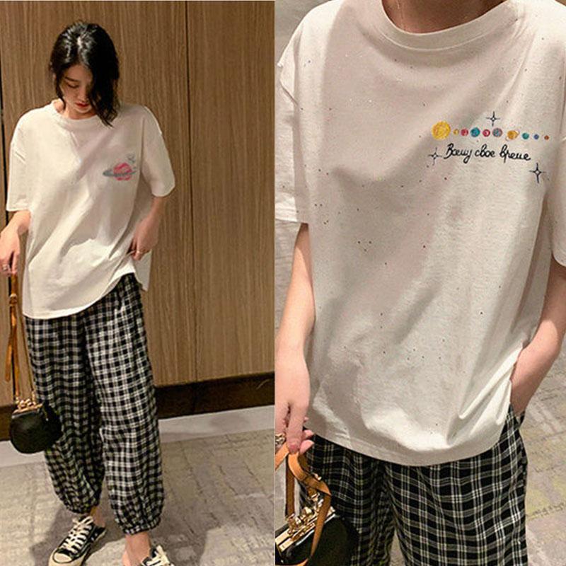 Planet Embroidery Women Short Sleeve Embroidery Tops Summer Loose Casual T-Shirt Tee