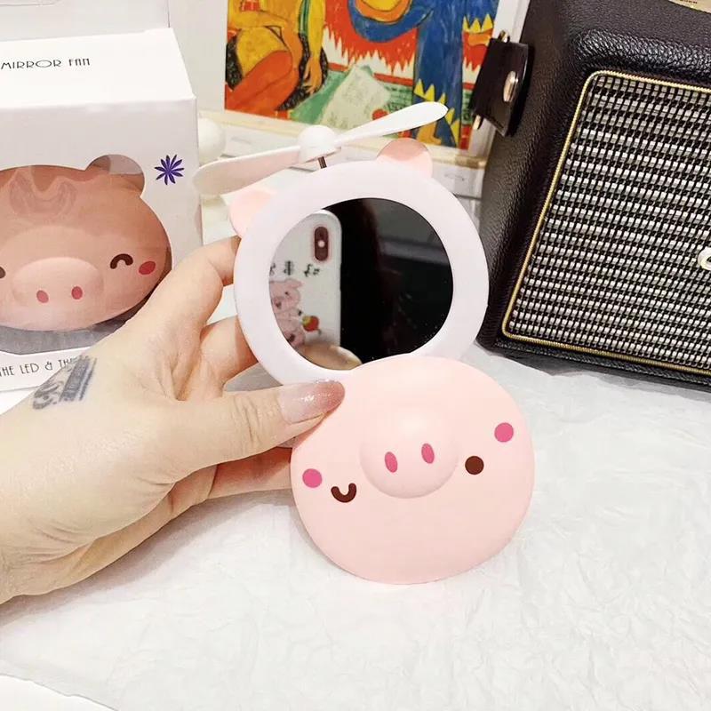 Cute pig USB Rechargeable LED Makeup Mirror Folding Light Convenient Small Mirror Beauty Makeup Ladies Portable Mirror