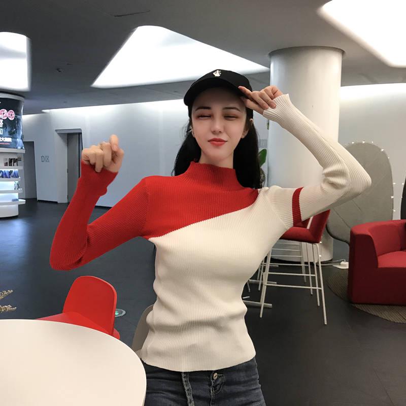 Color Matching Knitted Bottoming Shirt Slim Long-sleeved Sweater Women's Tight Tops