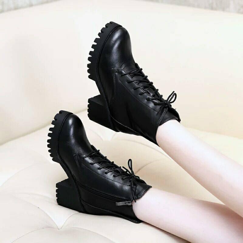 Martin Boots Women Platform Shoes Lace Up Pu Leater Shoes Women Chunky Heels Shoes Woman