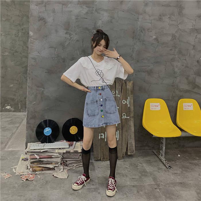 Women Summer High-waisted Skirt Student Casual Anti-light-out Was Thin Mini A-line Denim Short Skirt