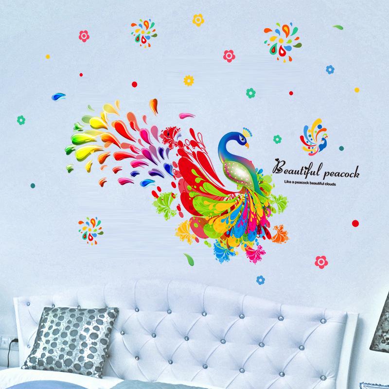 PVC environmentally friendly removable colorful peacock living room bedroom wall decoration stickers
