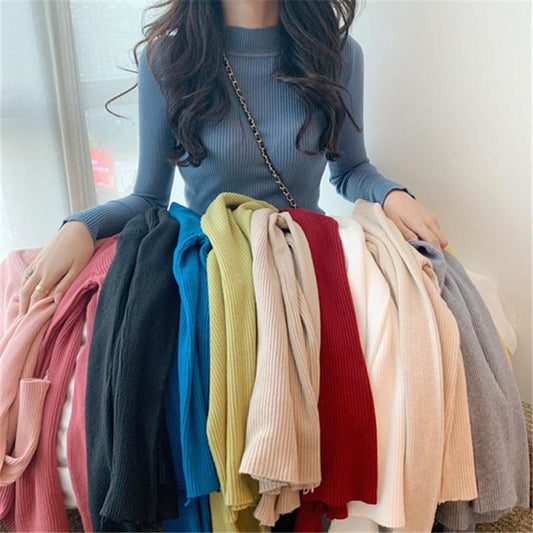 Pure Color Spring and Autumn Ladies Half High Neck Long Sleeve Sweater Bottoming Shirt Slim Half High Neck Sweater
