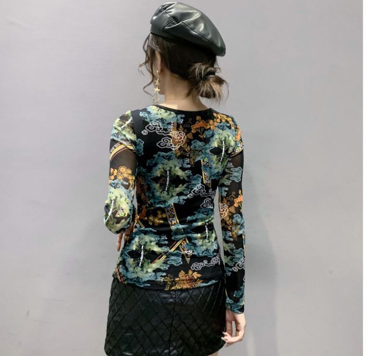 Sexy Mesh Bottoming Shirt Drill Design Sense Long Sleeve Women's Top V-Neck Slim Fit Plus Size Women's Clothing